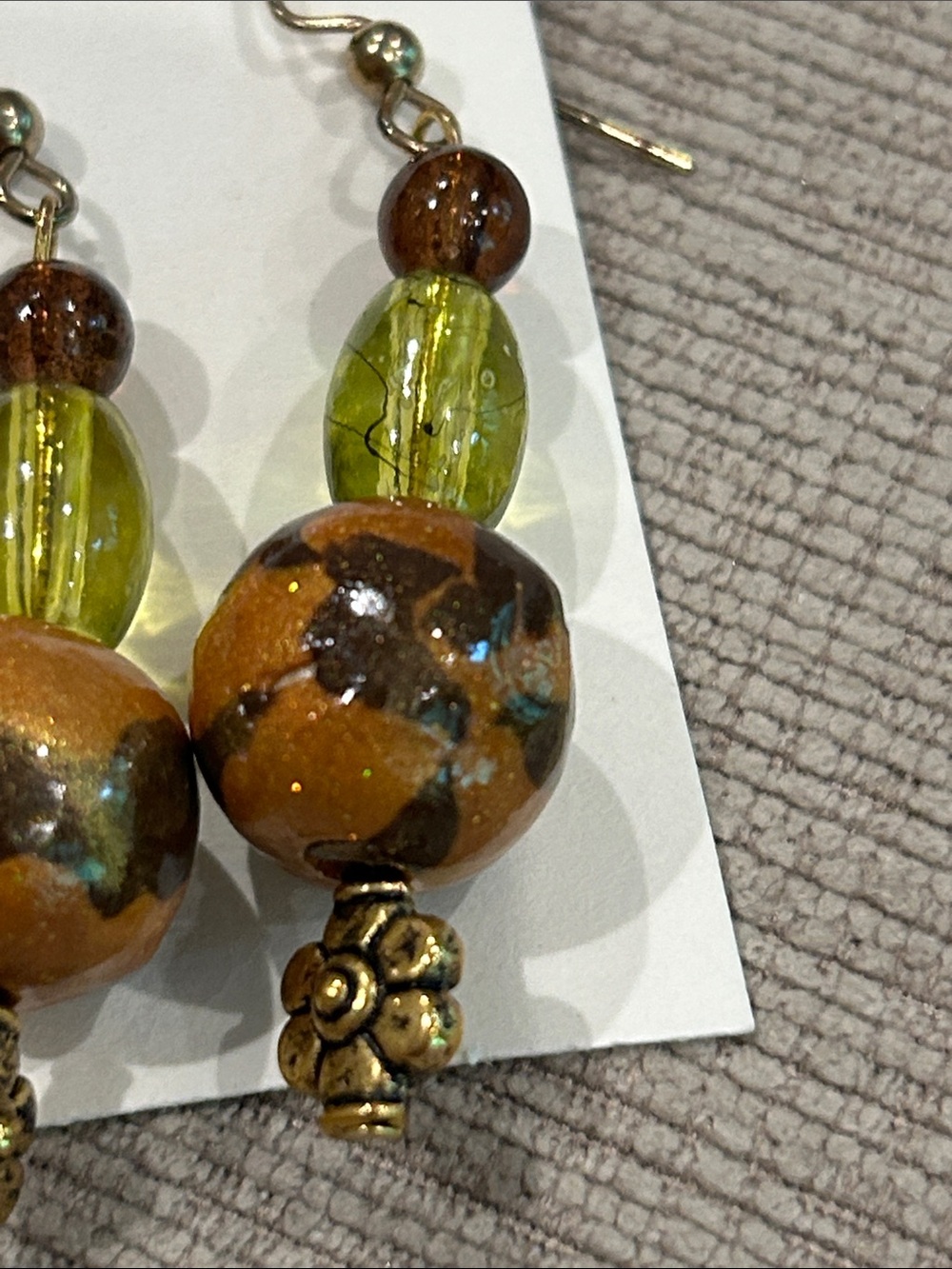 Handcrafted Green and Brown Glass Bead Dangle Earrings image 2
